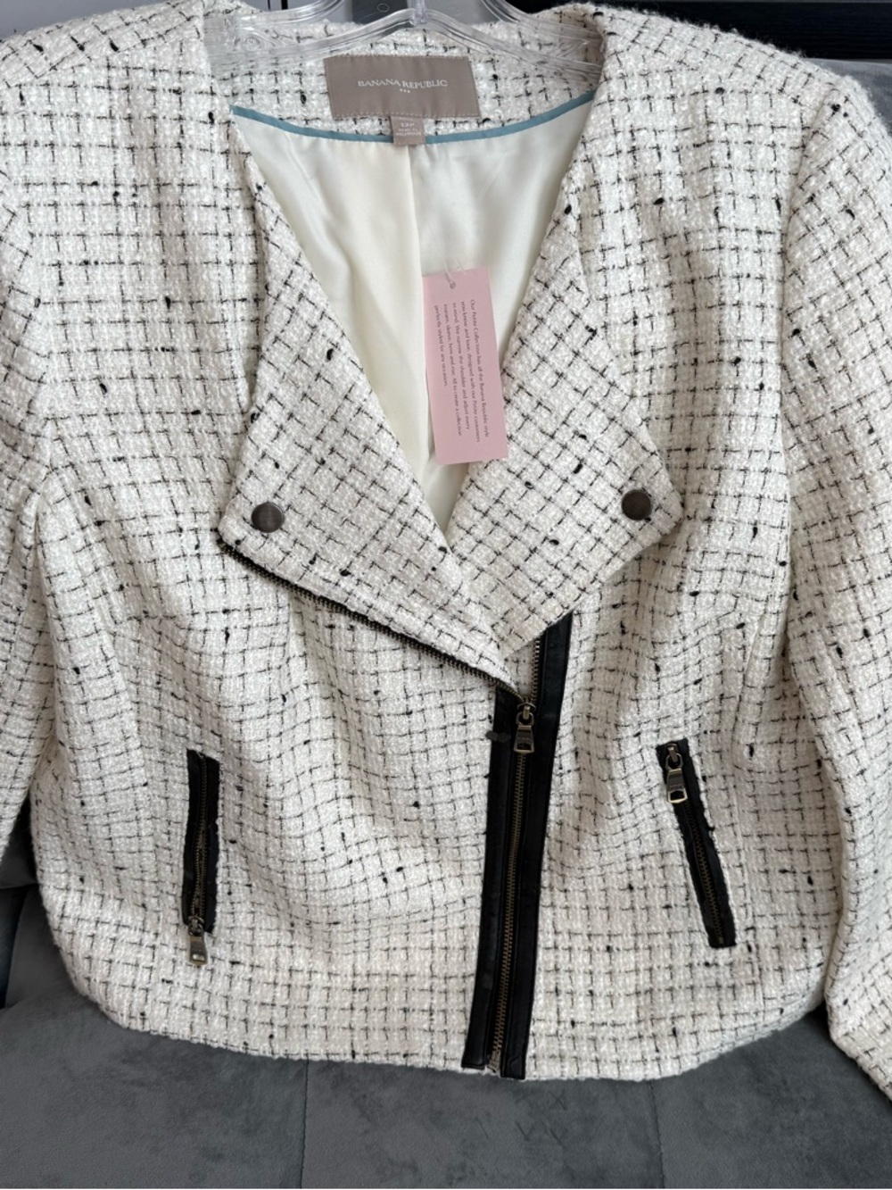 Banana Republic Ivory Tweed Moto-Style Blazer with Black Trim & Zipper NWT 12P